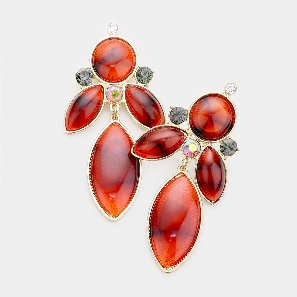 Gold & Brown Oval Resin Rhinestone Statement Earrings